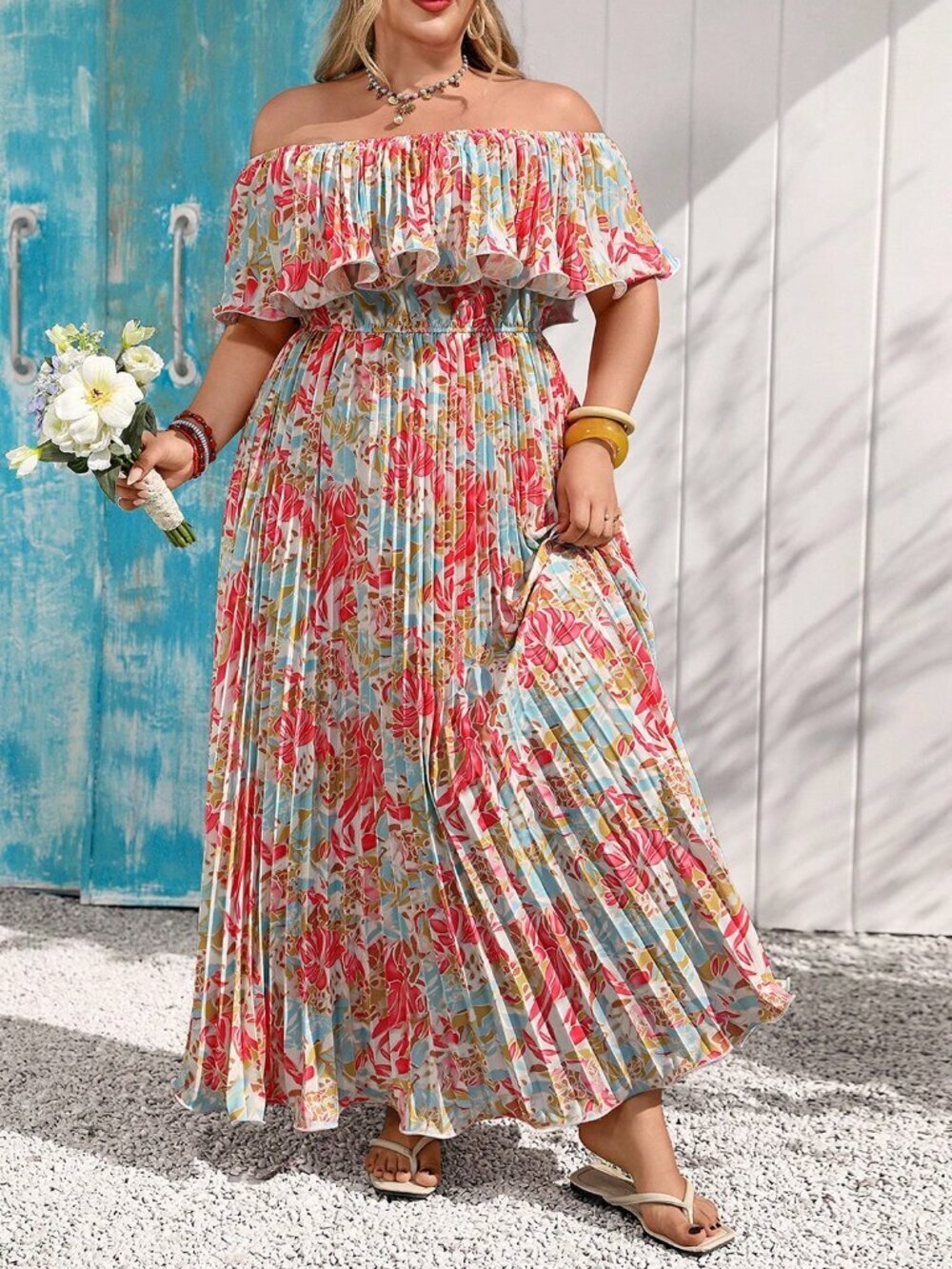 Pink Boho Plus Size Women's Floral Print Off-Shoulder Maxi Dress - Picture 10 of 11